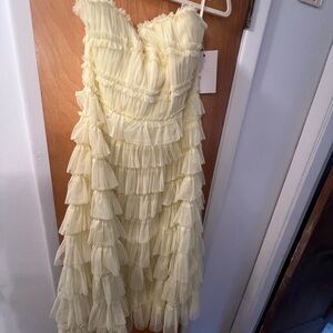 Mac Duggar Yellow Mesh Micro Ruffle Strapless Midi Dress